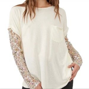 Free People Celine Tee Cream & Sequin Top
